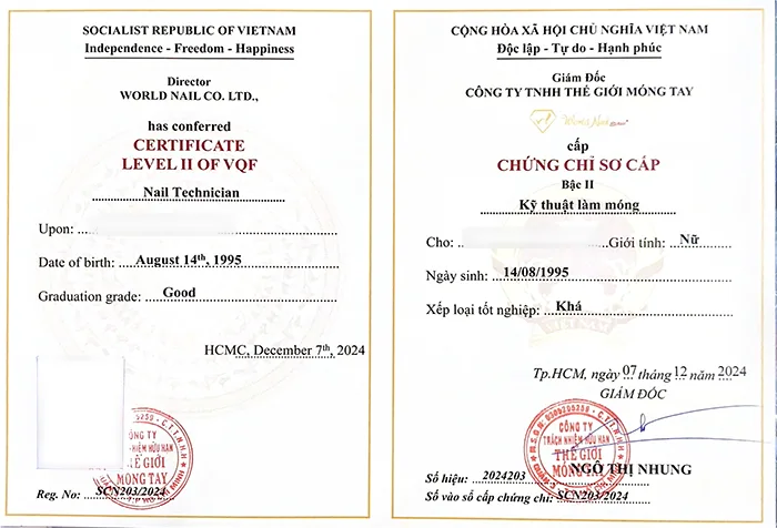 Chứng chỉ sơ cấp sau khi hoàn thành khóa học nail chuyên nghiệp tại World Nail Alpha