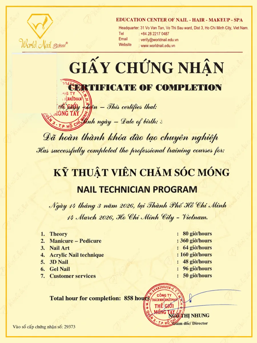 Giấy chứng nhận hoàn thành Khóa Học Nail Đi Nước Ngoài Tại World Nail Alpha