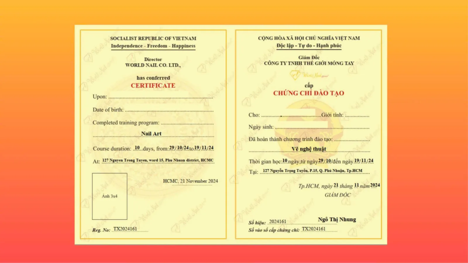 Bằng cấp chứng chỉ sau khi hoàn thành khóa học tại World Nail Alpha