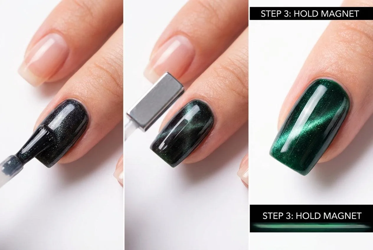 Thao tác dùng nam châm tạo hiệu ứng Nail mắt mèo